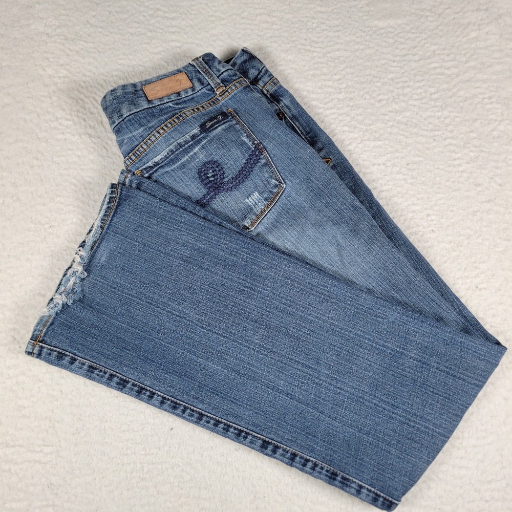 Seven7 Bootcut Jeans Mens Size 32 Blue Medium Wash Frayed Hem Embroidered Pocket
